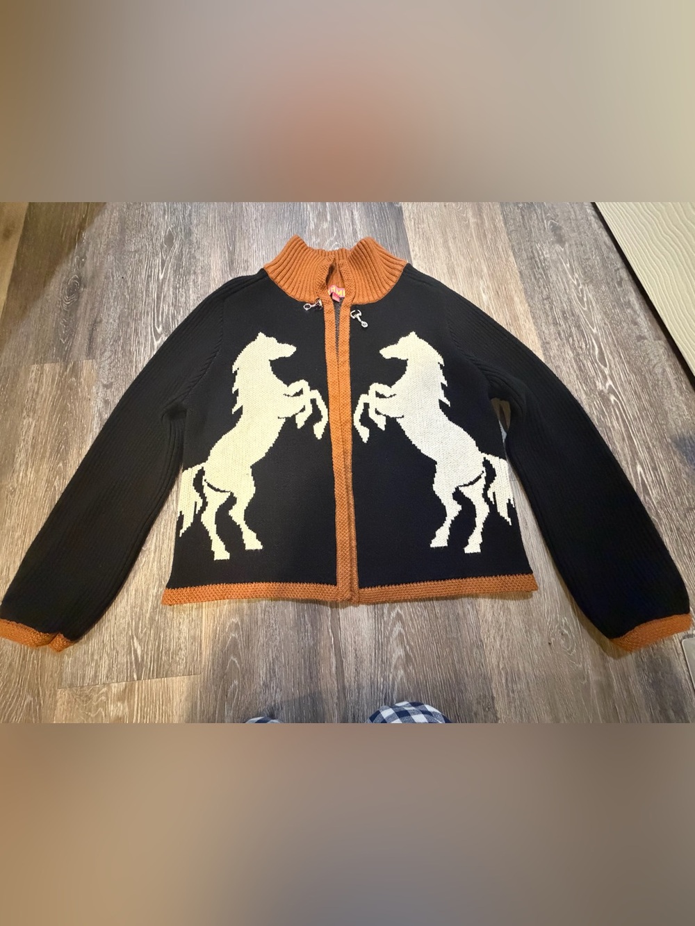 THML equestrian Black & Cream Horse Knit Jacket with Rust Trim and bit closure